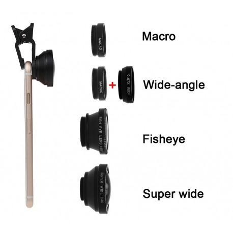 Gran angular Kit 4 - en-1 con clip ultra ángulo + Fish Eye + ancho + Macro Lente de la cámara para el teléfono